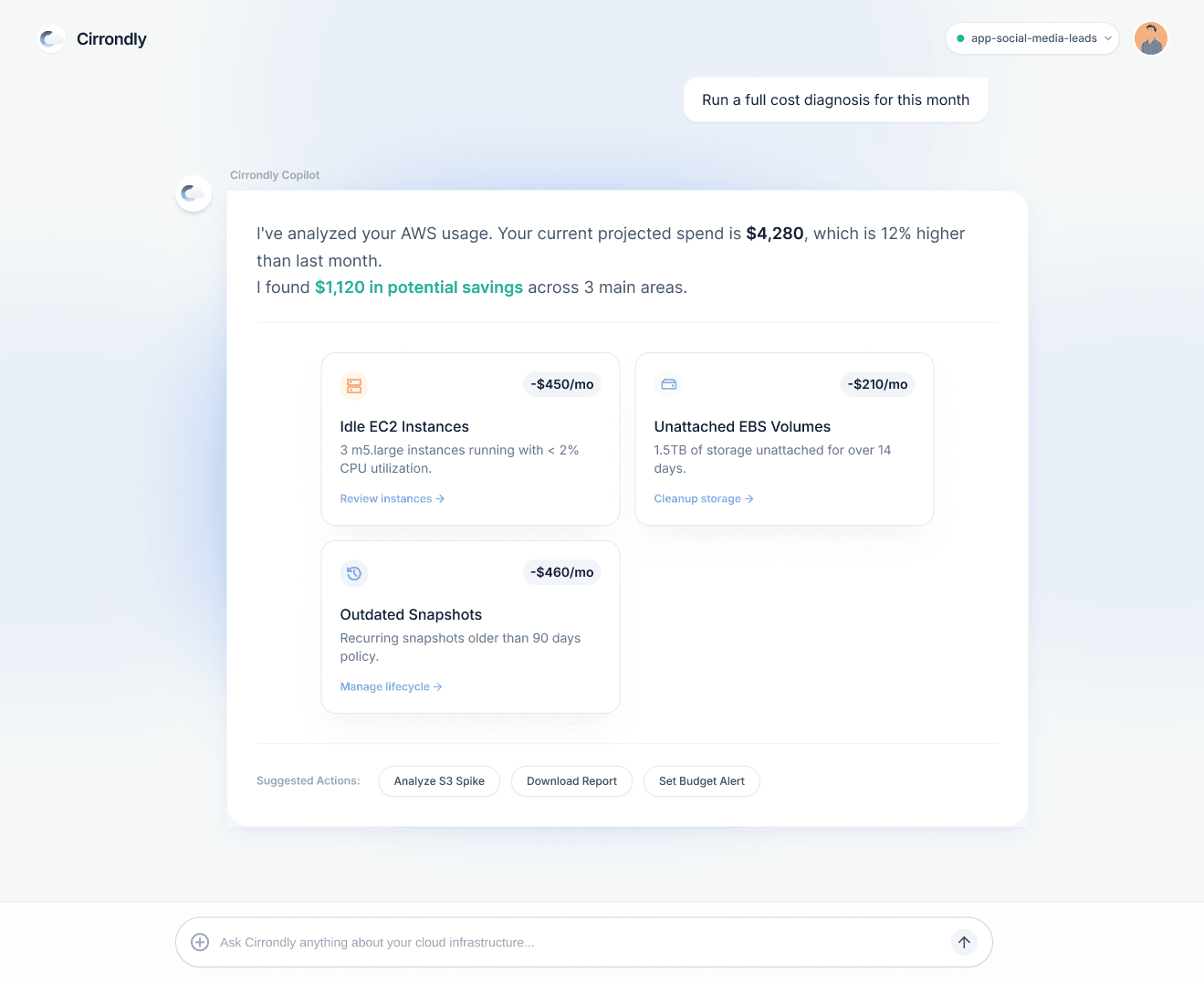 Cirrondly diagnosis dashboard with detected AWS cost issues