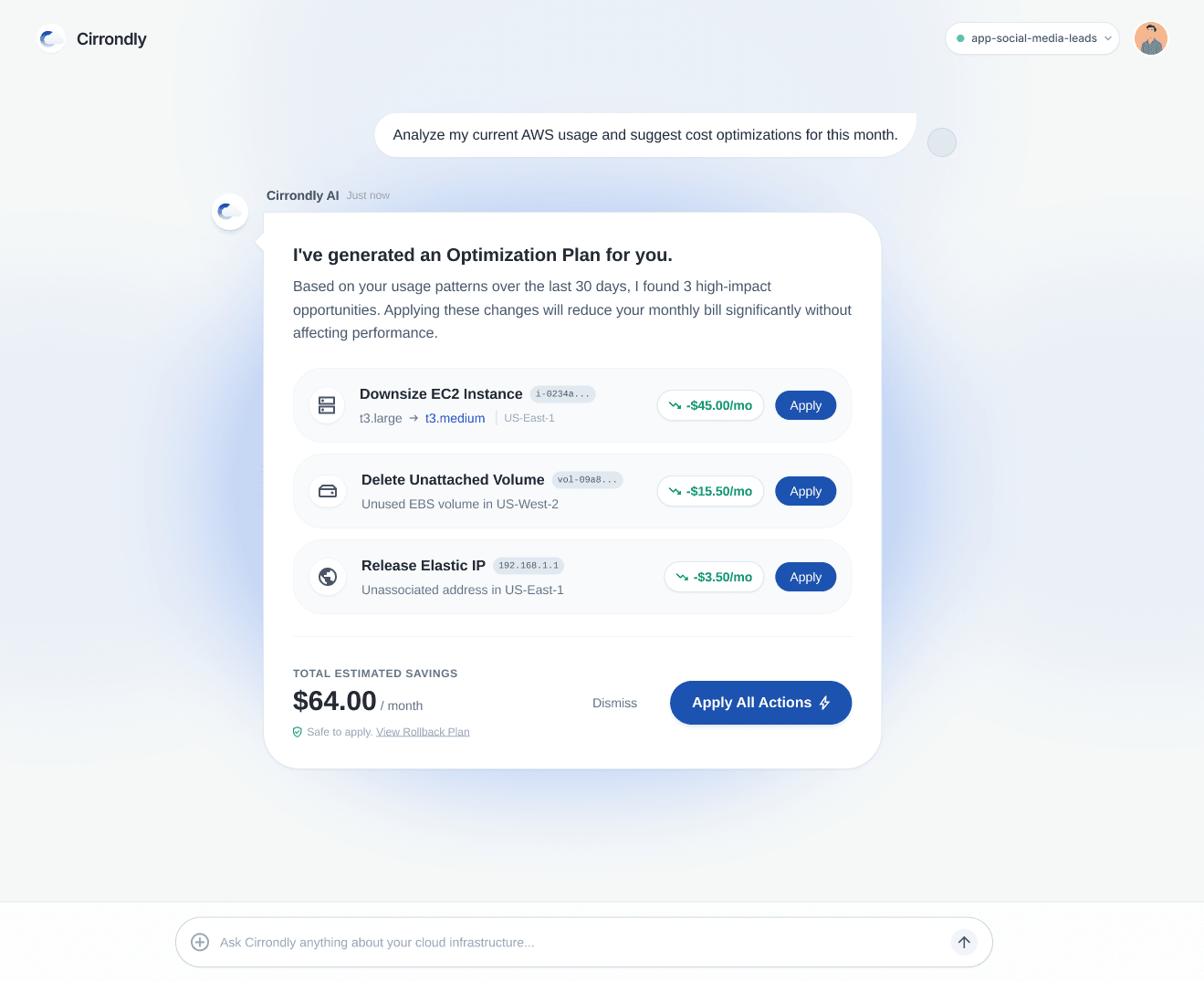 Recommended cost-saving actions with approval controls